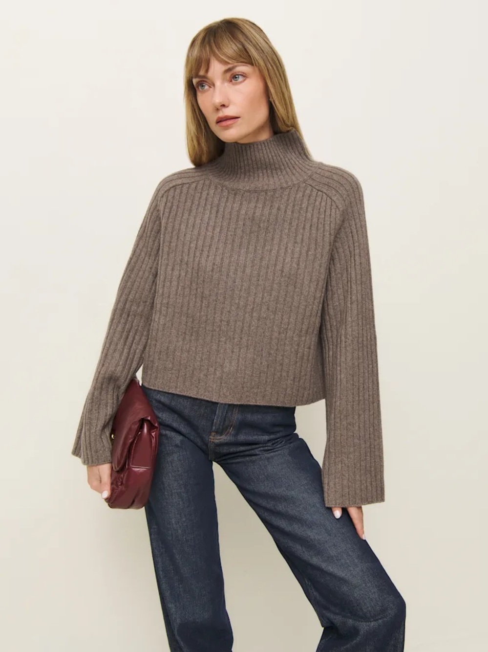 Reformation Brooke Cashmere Cropped Turtleneck Sweater Ribbed Thunder Gray